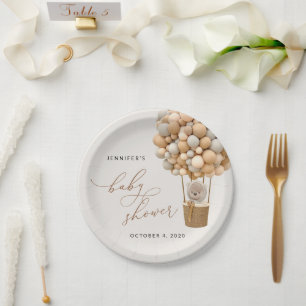 Bär, Beige Balloons, Heißluftballon, Babydusche Pappteller