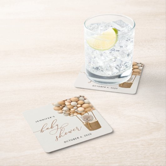 Bär, Beige Balloons, Heißluftballon, Babydusche Rechteckiger Pappuntersetzer (Vor Ort)