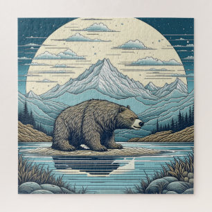 Bär, Berge, See, Vollmond Ai Kunst Puzzle