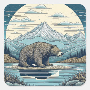 Bär, Berge, See, Vollmond Ai Kunst Quadratischer Aufkleber