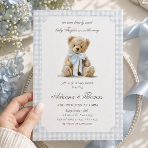 Bär Blau Gingham Jungen Baby-Party Einladung