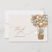 Bär, Blaue Balloons, Heißluftballon, Babydusche Dankeskarte (Vorderseite)