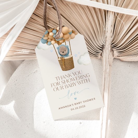 Bär, Blaue Balloons, Heißluftballon, Babydusche Geschenkanhänger