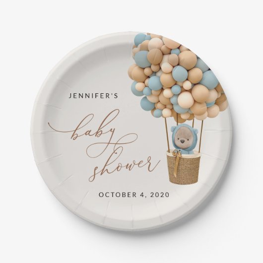 Bär, Blaue Balloons, Heißluftballon, Babydusche Pappteller (Vorderseite)