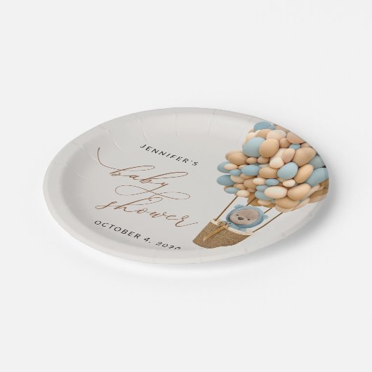 Bär, Blaue Balloons, Heißluftballon, Babydusche Pappteller (Schrägansicht)