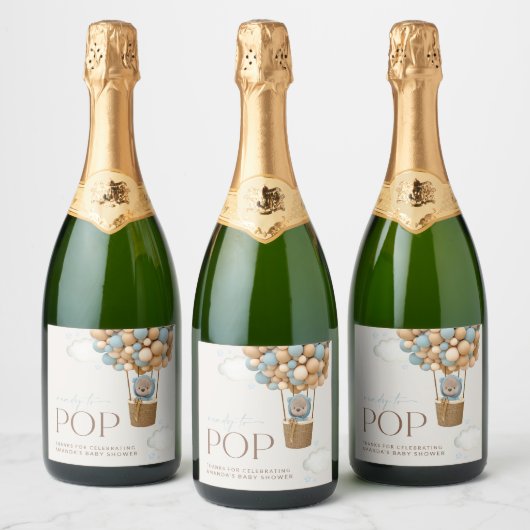 Bär, Blaue Balloons, Heißluftballon, Babydusche Schaumweinetikett (Flaschen)