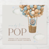 Bär, Blaue Balloons, Heißluftballon, Babydusche Schaumweinetikett (Einzelnes Label)