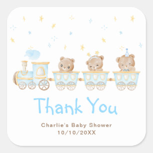 Bär Blauer Zug Baby Shower Dankeschön Quadratischer Aufkleber