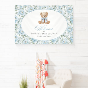 Bär, Blaues Band, Blaue Blumen, Babyparty Willkomm Banner
