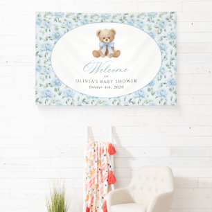 Bär, Blaues Band, Blaue Blumen, Babyparty Willkomm Banner