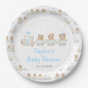 Bär Blaues Zug Baby Shower Pappteller