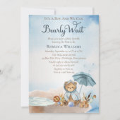 Bär | Blue Umbrella Bearly Wait Boy Baby Sprinkle Einladung (Vorderseite)