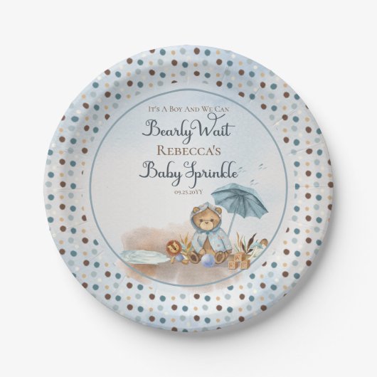 Bär | Blue Umbrella Bearly Wait Boy Baby Sprinkle Pappteller (Vorderseite)