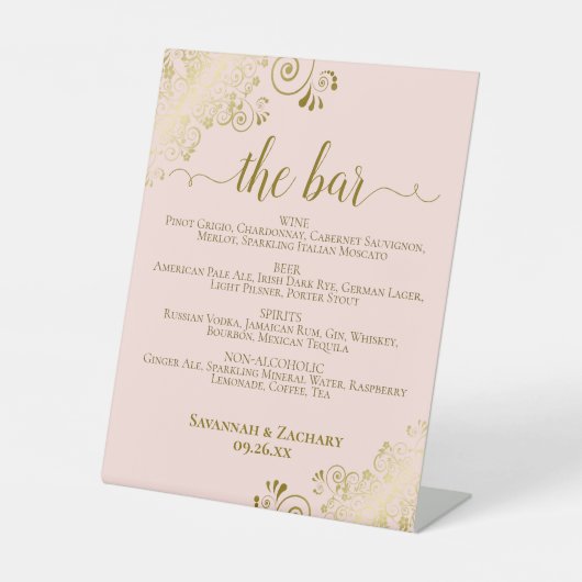 Bar Blush Pink & Gold Posh Drinks Menü Hochzeit Sockelschild (Vorderseite)