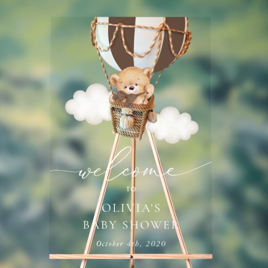 Bär, Braun Heißluftballon, Babydusche Willkommen Acrylschild (Neutral)