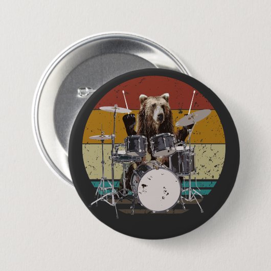 Bär Drummler spielt Schlagzeug rund Button (Vorne & Hinten)