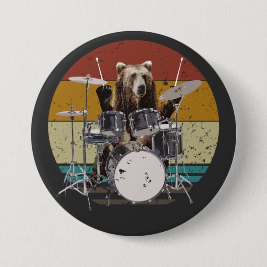 Bär Drummler spielt Schlagzeug rund Button (Vorderseite)