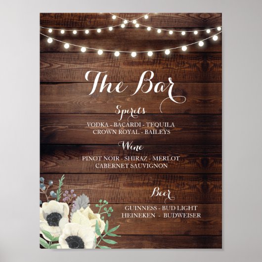 Bar Floral Anemone Wood Sign Hochzeit Empfang Poster (Vorne)