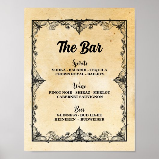 Bar Gothic Halloween Sign Bats Hochzeitsempfang Poster (Vorne)