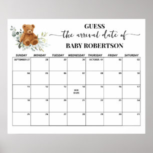 Bär-Grün-Baby-Shower-Vorhersage-Datums-Kalender Poster