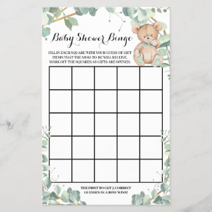 Bär-Grün-Gold-Baby-Shower-Bingo-Spielkarte Flyer