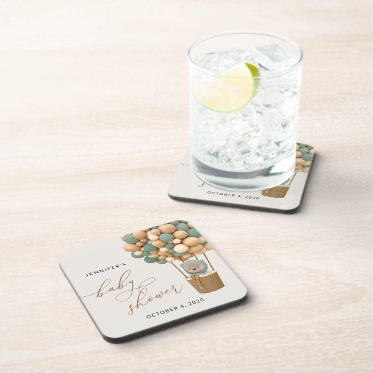 Bär, Grüne Balloons, Heißluftballon, Babydusche Getränkeuntersetzer (Rechte Seite)