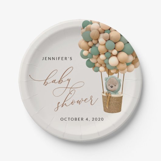 Bär, Grüne Balloons, Heißluftballon, Babydusche Pappteller (Vorderseite)