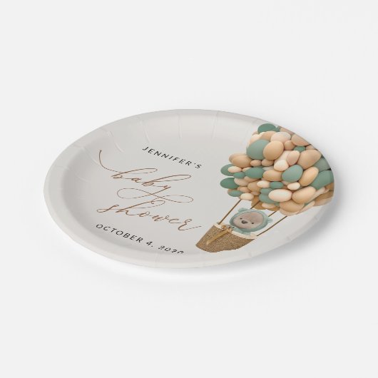 Bär, Grüne Balloons, Heißluftballon, Babydusche Pappteller (Schrägansicht)