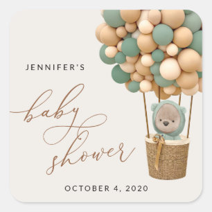 Bär, Grüne Balloons, Heißluftballon, Babydusche Quadratischer Aufkleber