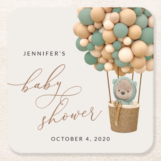 Bär, Grüne Balloons, Heißluftballon, Babydusche Rechteckiger Pappuntersetzer (Vorderseite)