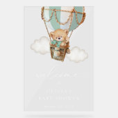 Bär, grüner Heißluftballon, Babydusche Willkommen Acrylschild (Vorderseite)