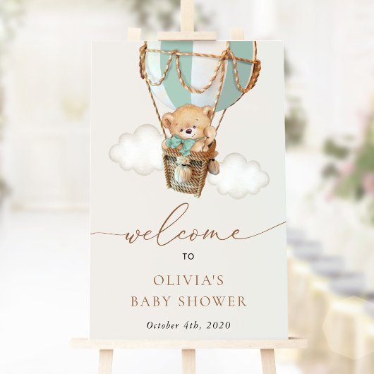 Bär, grüner Heißluftballon, Babydusche Willkommen Poster