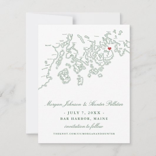 Bar Harbor Maine Map Hunter Green Save The Date (Vorderseite)