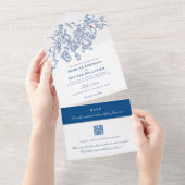 Bar Harbour Elegant Navy QR Hochzeit All In One Einladung (Abreißen)
