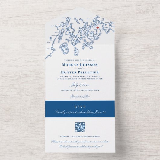 Bar Harbour Elegant Navy QR Hochzeit All In One Einladung (Innen Boden)