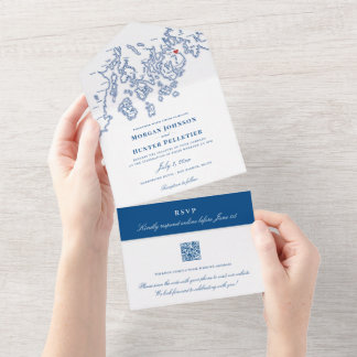 Bar Harbour Elegant Navy QR Hochzeit All In One Einladung