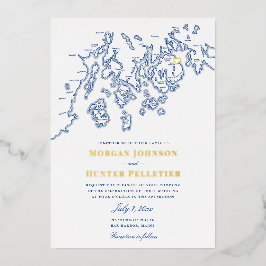 Bar Harbour Maine Wedding Elegant Navy und Gold Folieneinladung