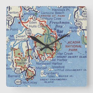 Bar Harbour und Acadia Nationalpark Karte Quadratische Wanduhr