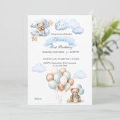 Bär im Flugzeug Blue Boys Geburtstag Einladung (Stehend Vorderseite)