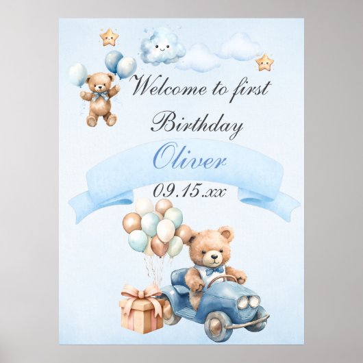 Bär im Flugzeug Blue Boys Geburtstag Poster (Vorne)