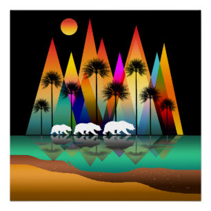 Bär im modernen Gebirge Wald Poster