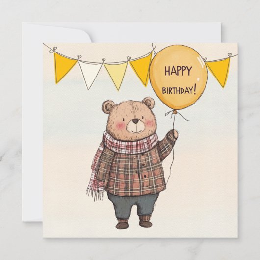 Bär in Brown Kariert Sweater mit Yellow Balloon Einladung (Vorderseite)