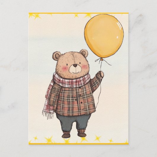 Bär in Brown Kariert Sweater mit Yellow Balloon Postkarte (Vorderseite)
