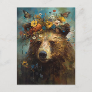 Bär in einer Krone von Blume und Schmetterlingen Postkarte
