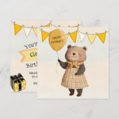 Bär in gelbem Kariertes Kleid mit gelbem Ballon Einladung (Vorne/Hinten)