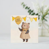 Bär in gelbem Kariertes Kleid mit gelbem Ballon Einladung (Stehend Vorderseite)