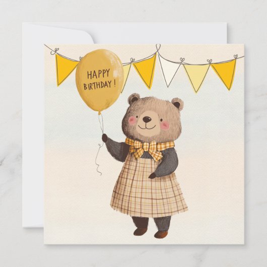 Bär in gelbem Kariertes Kleid mit gelbem Ballon Einladung (Vorderseite)