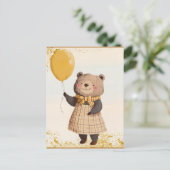 Bär in gelbem Kariertes Kleid mit gelbem Ballon Postkarte (Stehend Vorderseite)