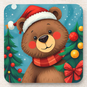 Bär in Santa-Mütze zwischen Weihnachtsbäumen Getränkeuntersetzer