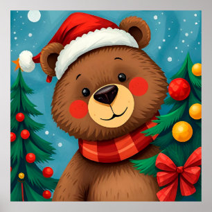 Bär in Santa-Mütze zwischen Weihnachtsbäumen Poster